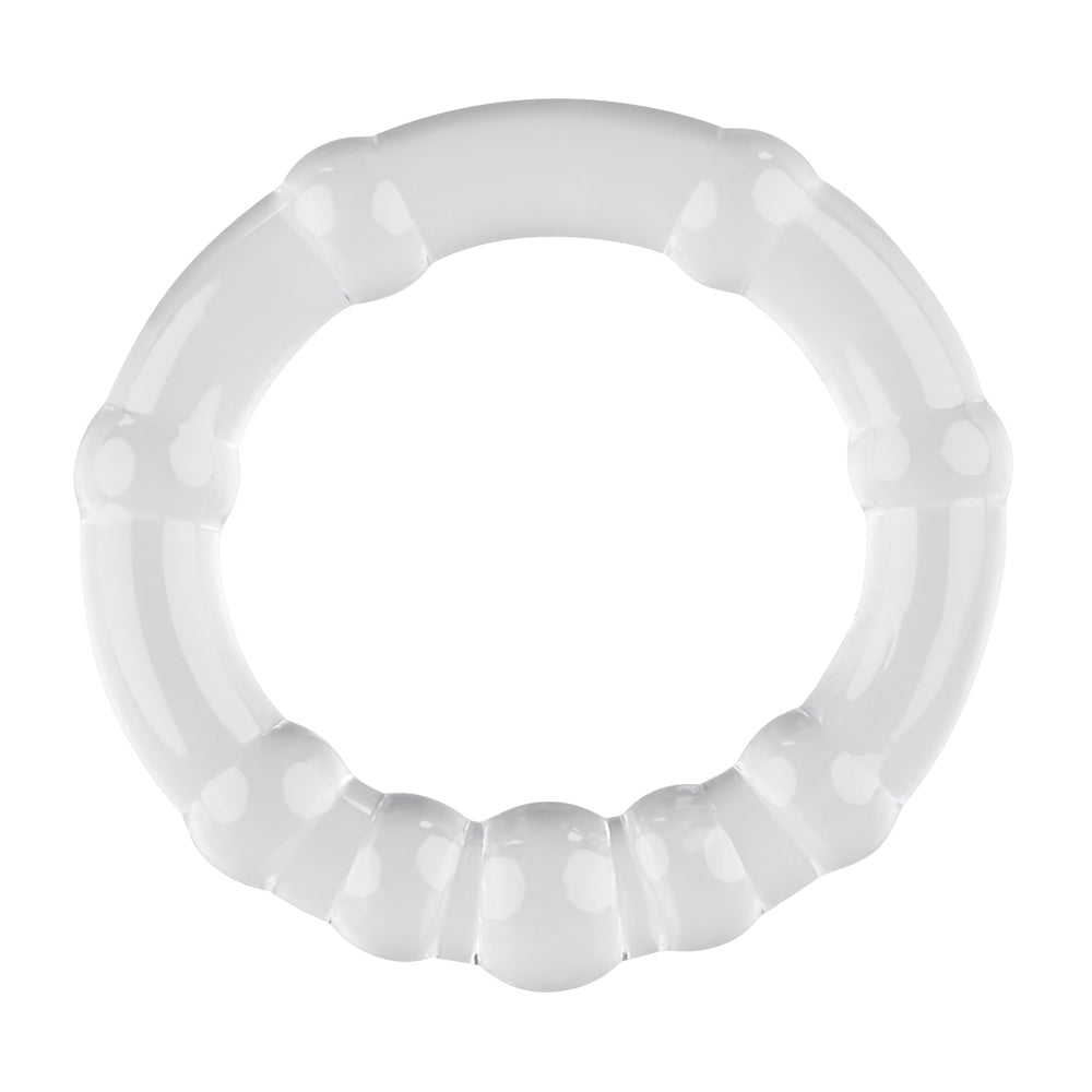 A clear, segmented cock ring made of TPE.