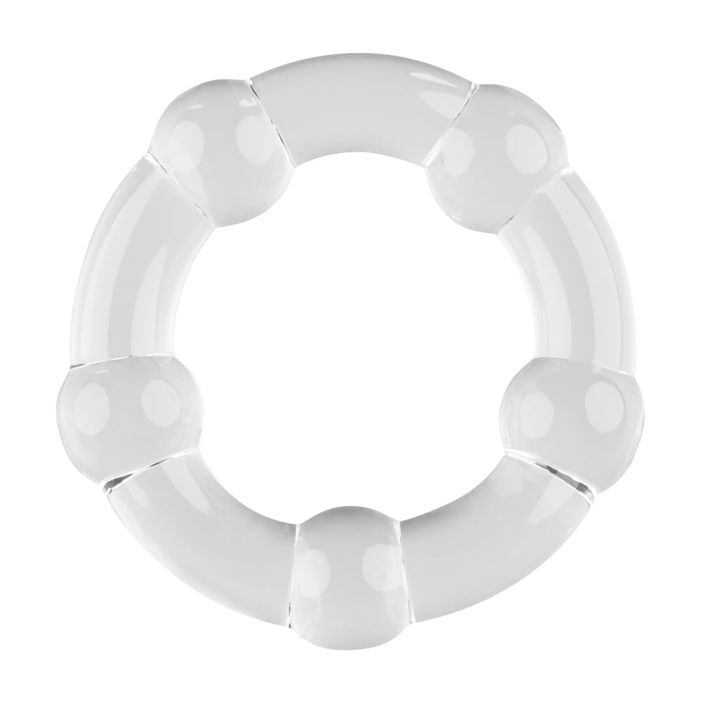Clear stretchy cock ring with raised bumps.