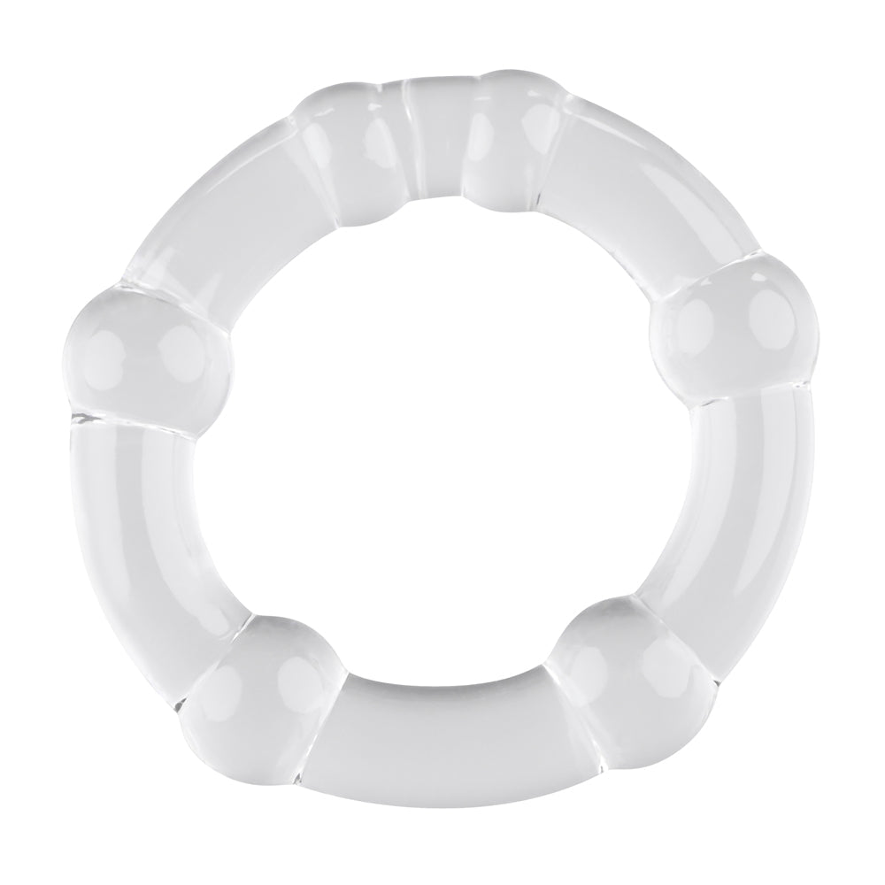 Clear stretchy cock ring with raised bumps.