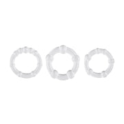 Three clear stretchy cock rings with raised bumps.