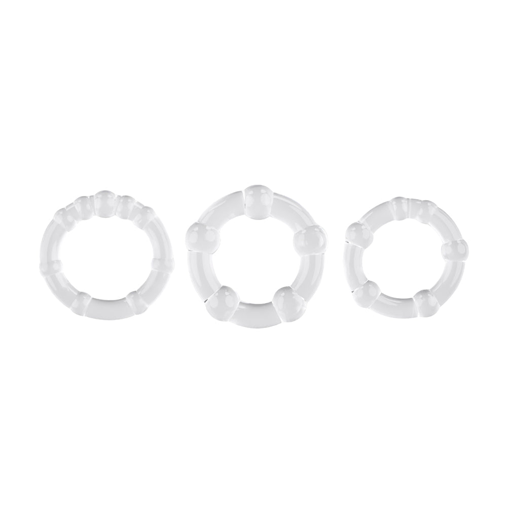 Three clear stretchy cock rings with raised bumps.