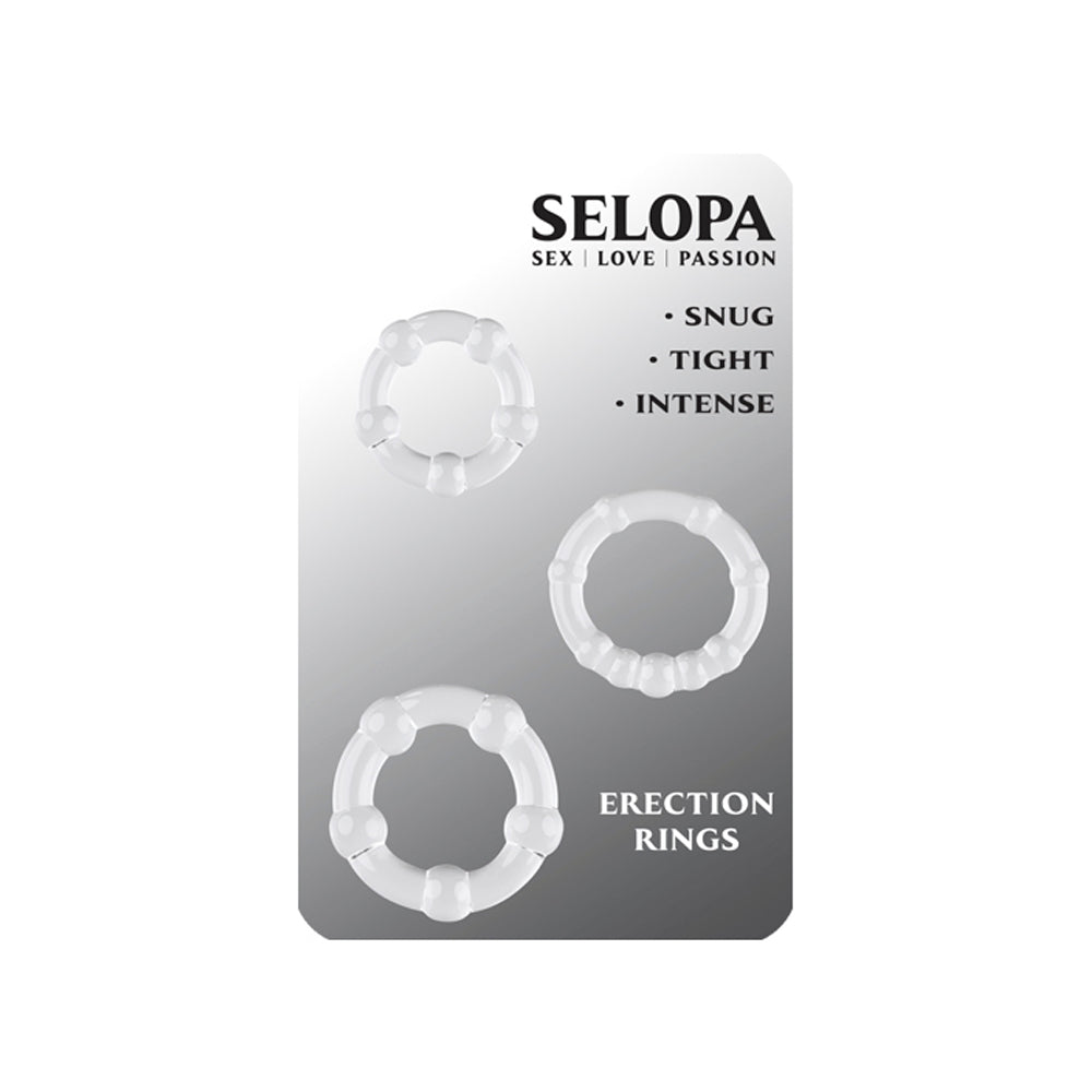 Three clear erection rings with textured surfaces on a white background.
