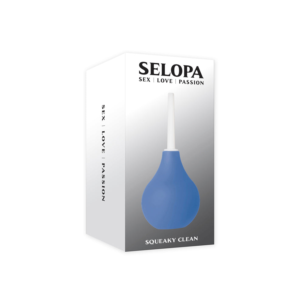 A blue silicone douche with a white tip on a white box with the brand name Selopa.