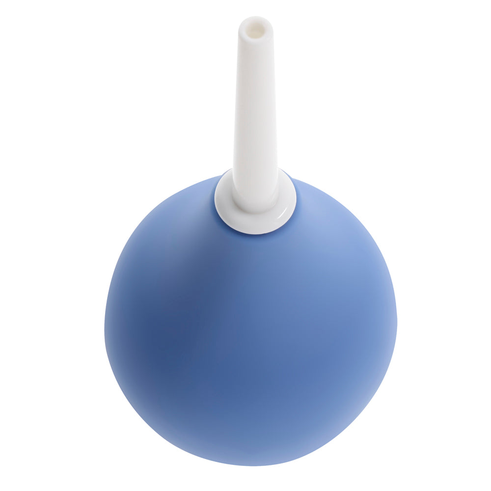 Blue silicone anal cleansing douche with a white nozzle.