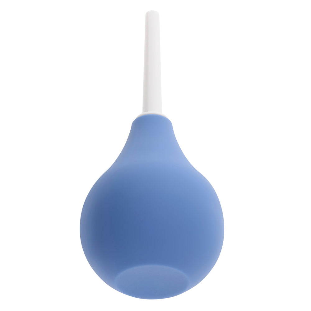 Blue silicone anal cleansing douche with a white tip.