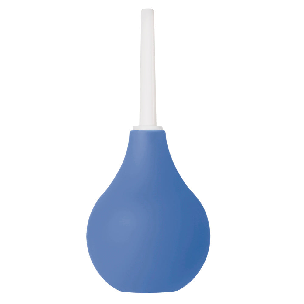 Blue silicone anal cleansing douche with a white tip.