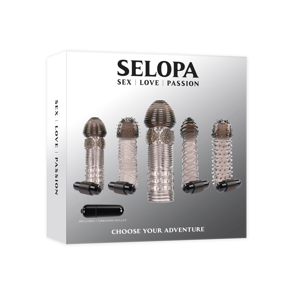 Selopa 5-piece vibrating penis sleeve set with bullet.