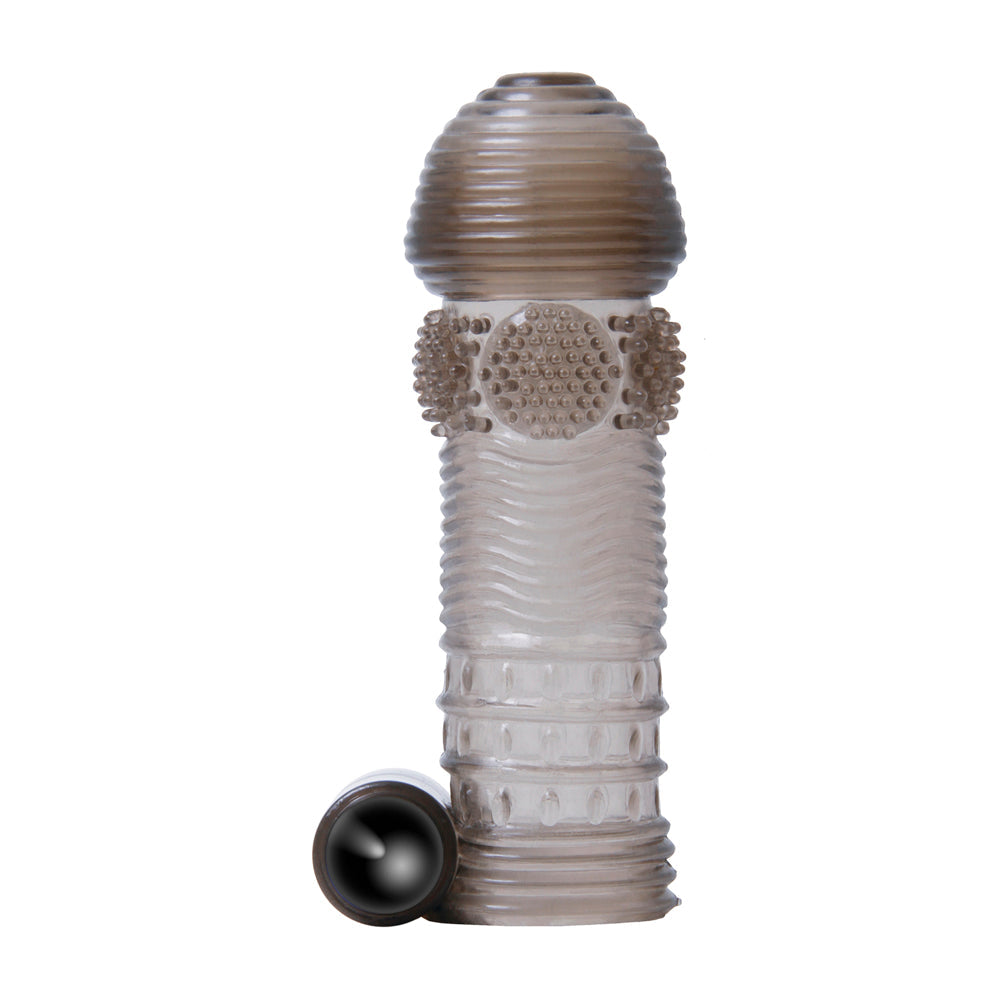 A textured, ribbed, and beaded vibrating penis sleeve with a separate bullet.