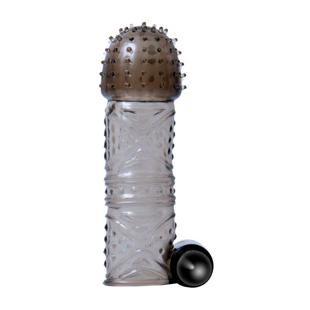 A textured, transparent penis sleeve with raised bumps and a black tip.