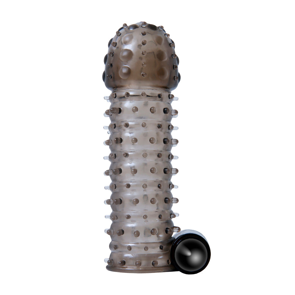 A textured, dark-colored vibrating penis sleeve with a black bullet attachment.