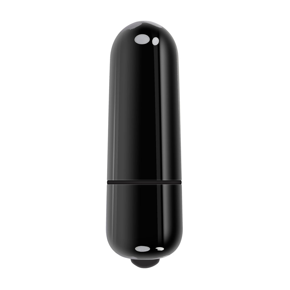 Black vibrating penis sleeve with two white indicator lights at the top and bottom.