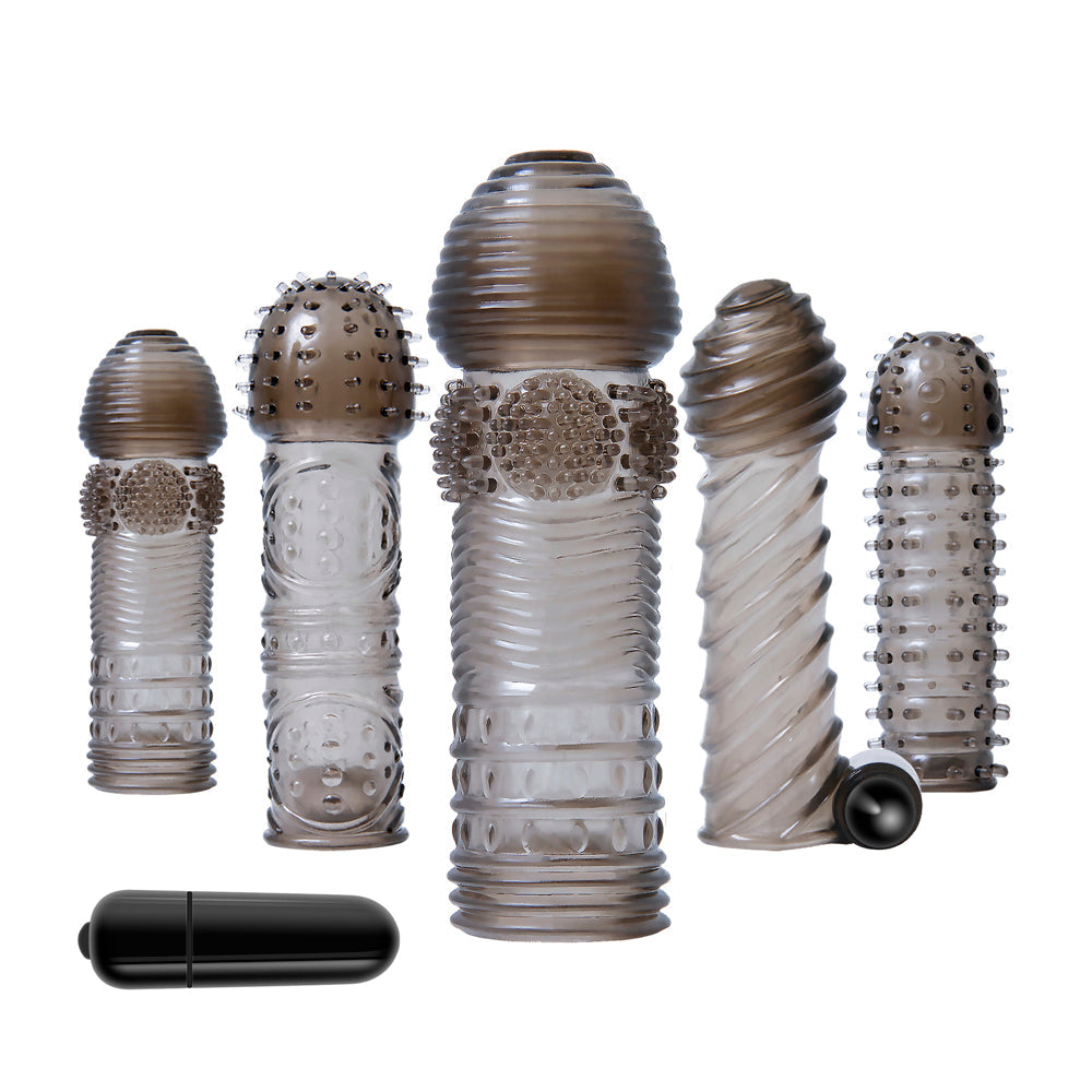 Five textured penis sleeves in varying designs and a vibrating bullet.