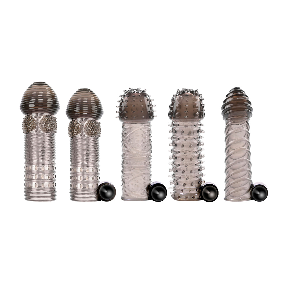 Five textured vibrating penis sleeves in a variety set.