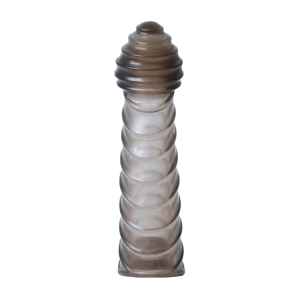 A translucent ribbed penis sleeve with a textured tip.