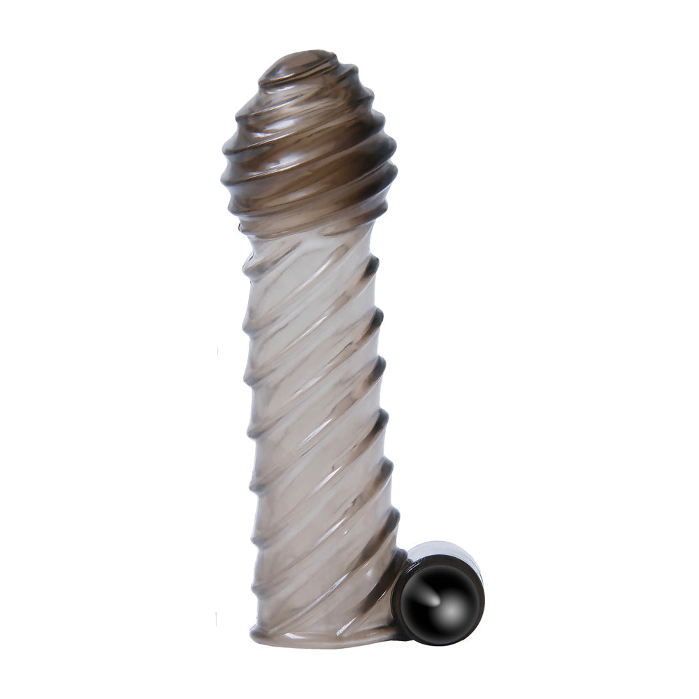 A translucent ribbed penis sleeve with a black ball at the base.