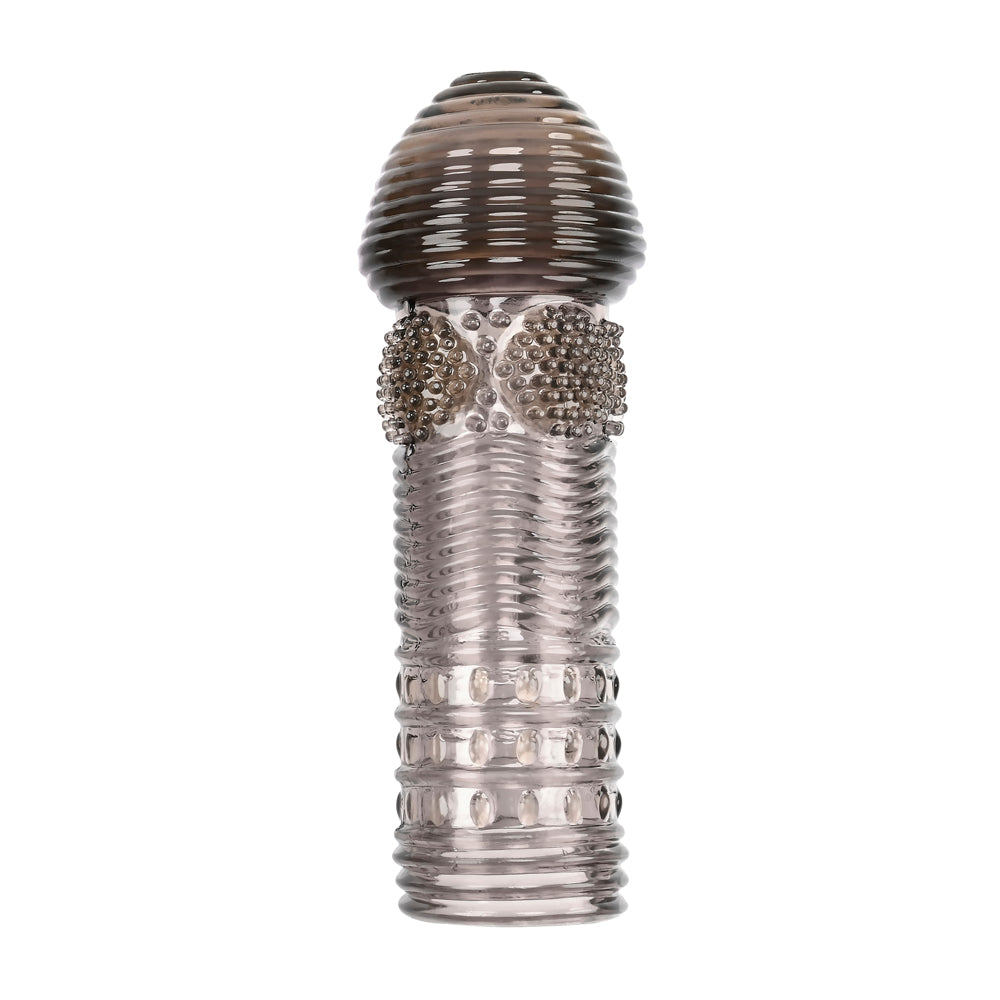 A textured, ribbed penis sleeve with a bulbous tip and beaded accents.