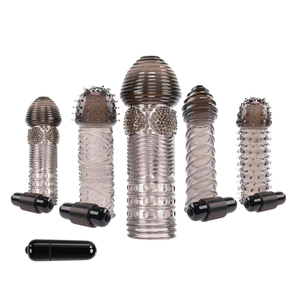 Five textured penis sleeves in various designs with a vibrating bullet.