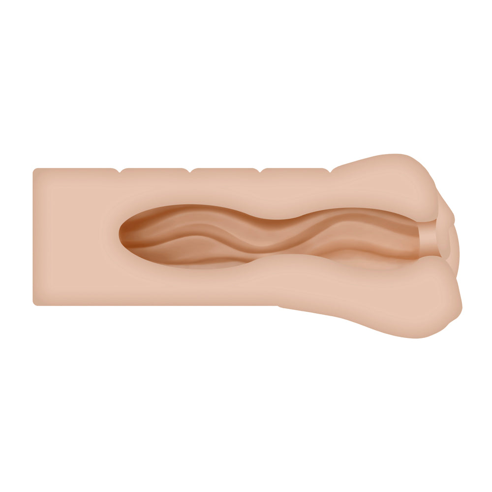 A flesh-toned stroker with textured inner channels.