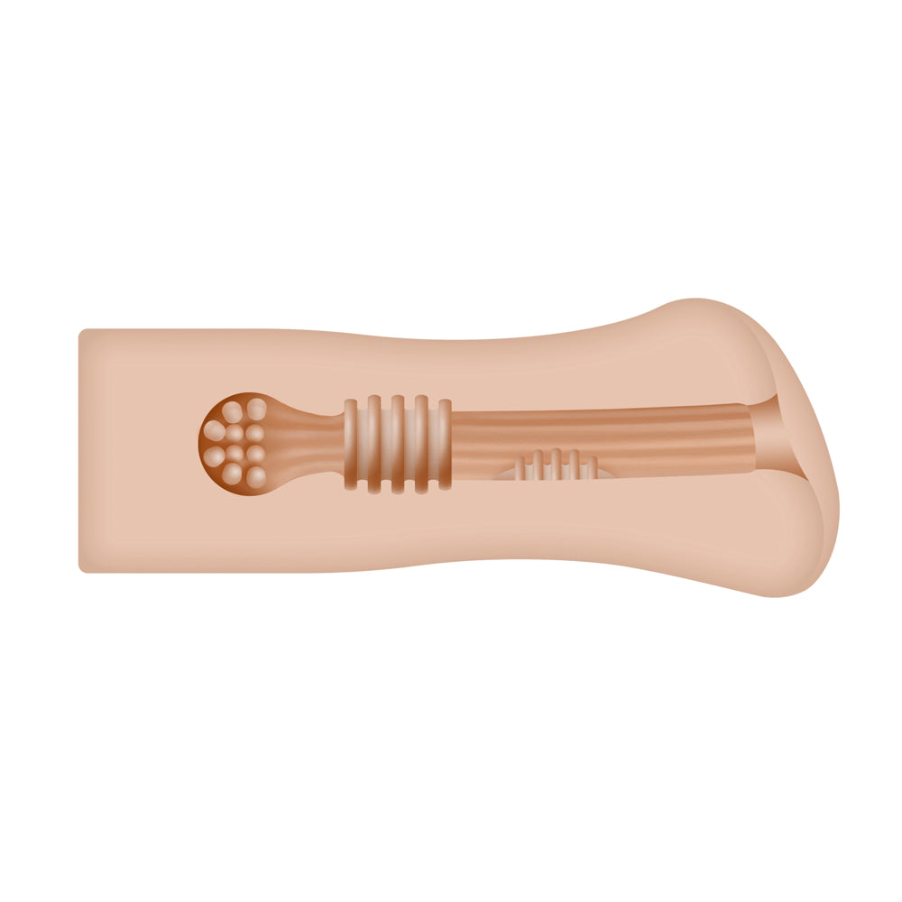 A beige textured stroker with internal ridges and a beaded end.