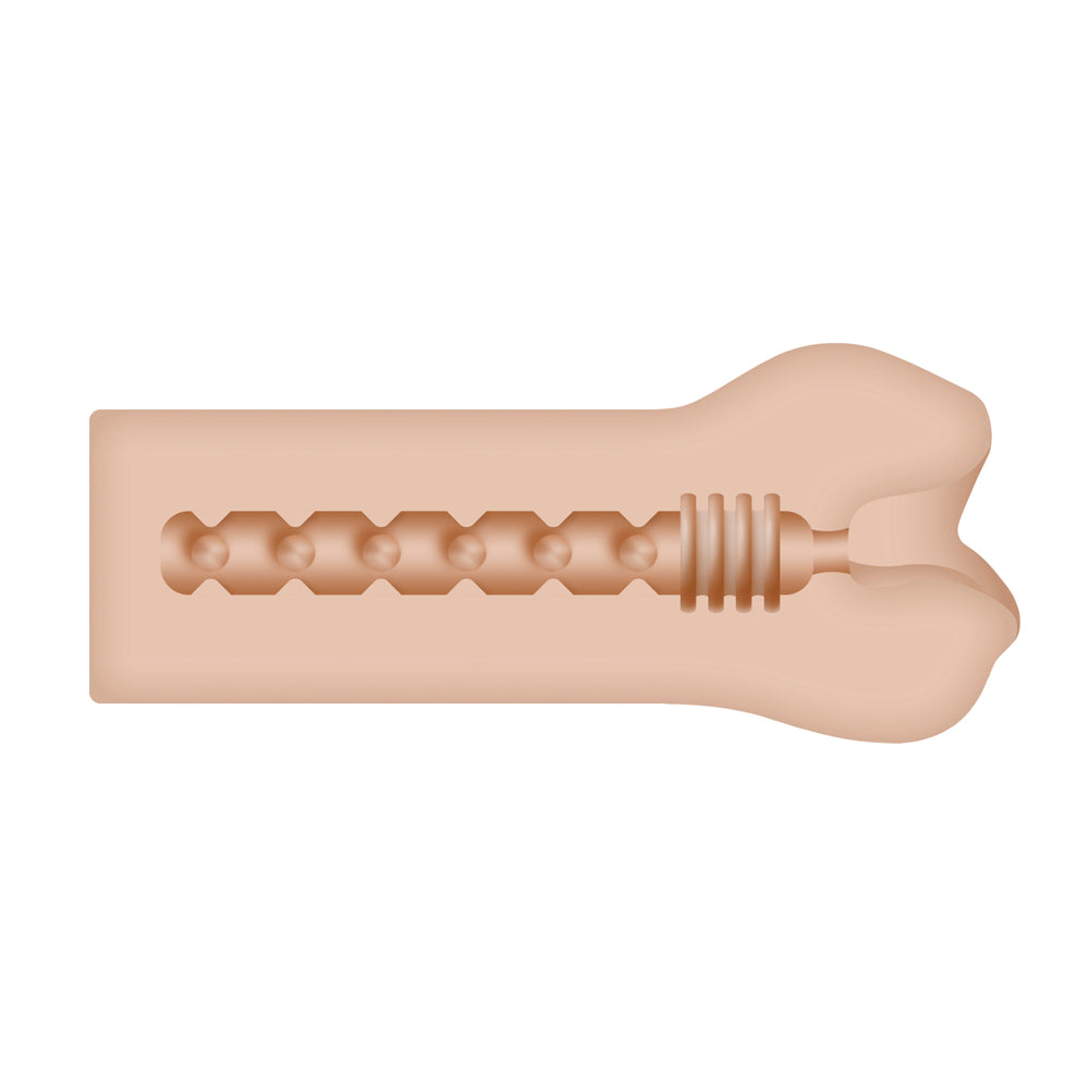 A flesh-toned stroker with internal textured bumps and ribbed rings.