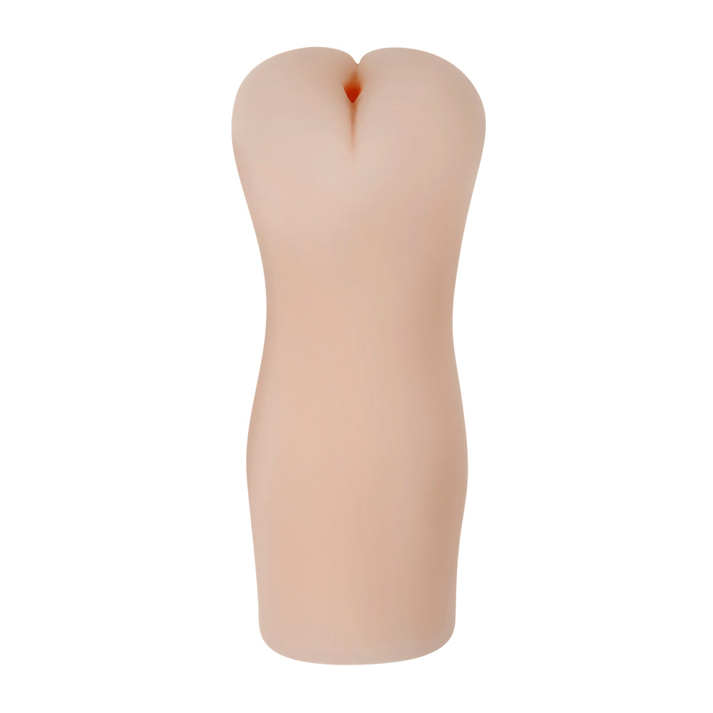 A flesh-toned textured stroker with a heart-shaped opening.