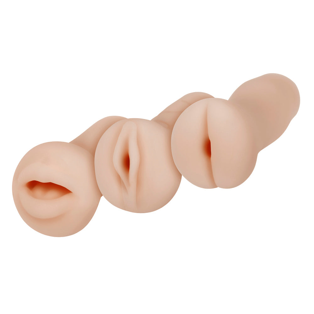 A beige, multi-textured stroker with three openings.