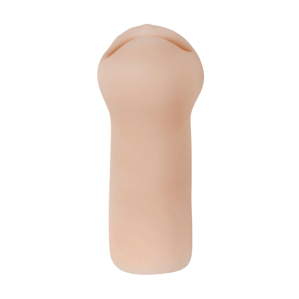 A beige textured stroker with a rounded, slit opening.