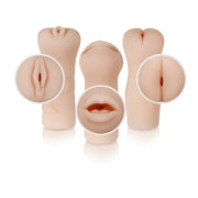 Three textured strokers with detailed close-ups of vaginal, oral, and anal openings.