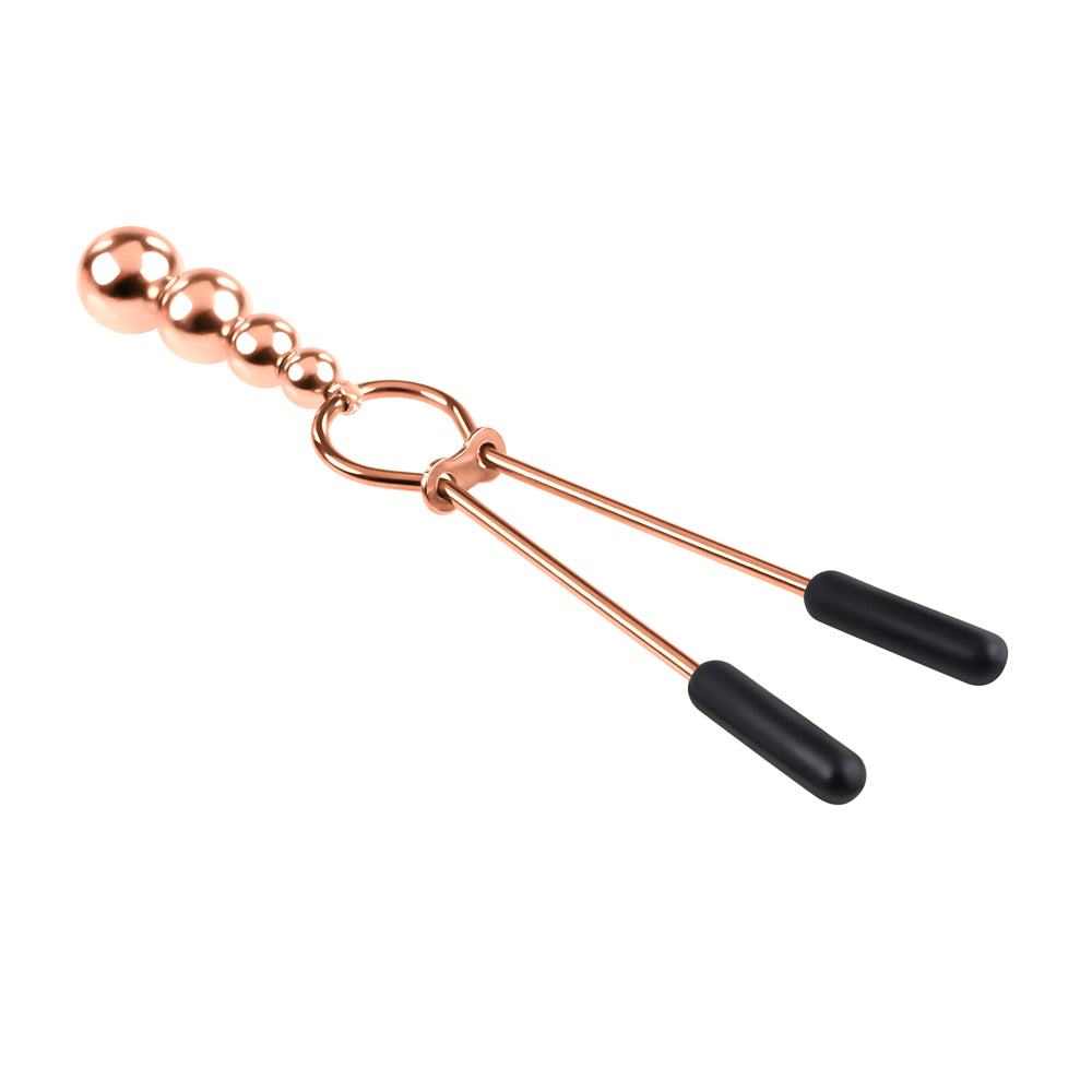 Rose gold beaded nipple clamps with adjustable rubber tips.