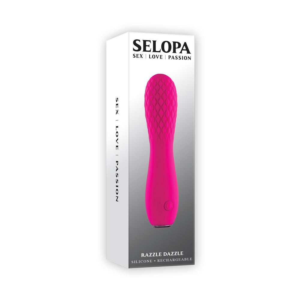 A pink quilted silicone vibrator with the Selopa logo.