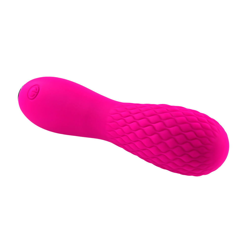 A pink vibrator with a quilted texture and a power button.