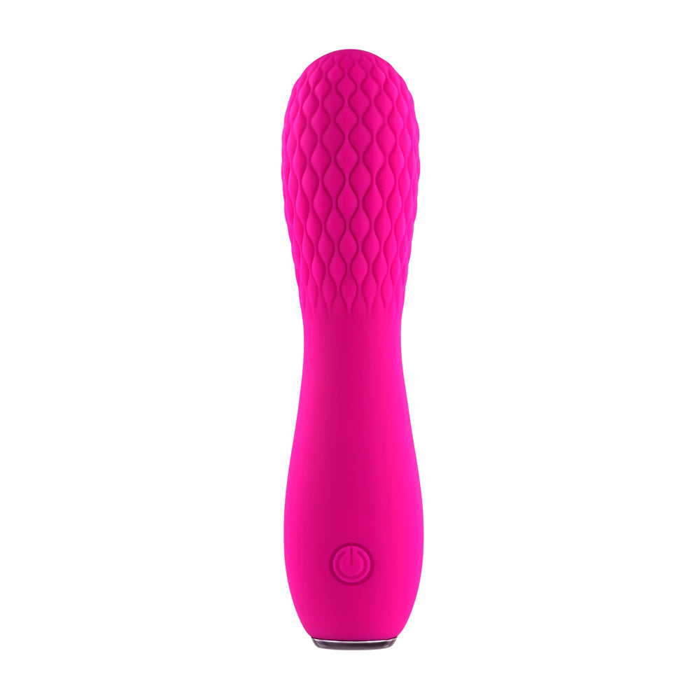 A pink vibrator with a quilted texture and a power button.