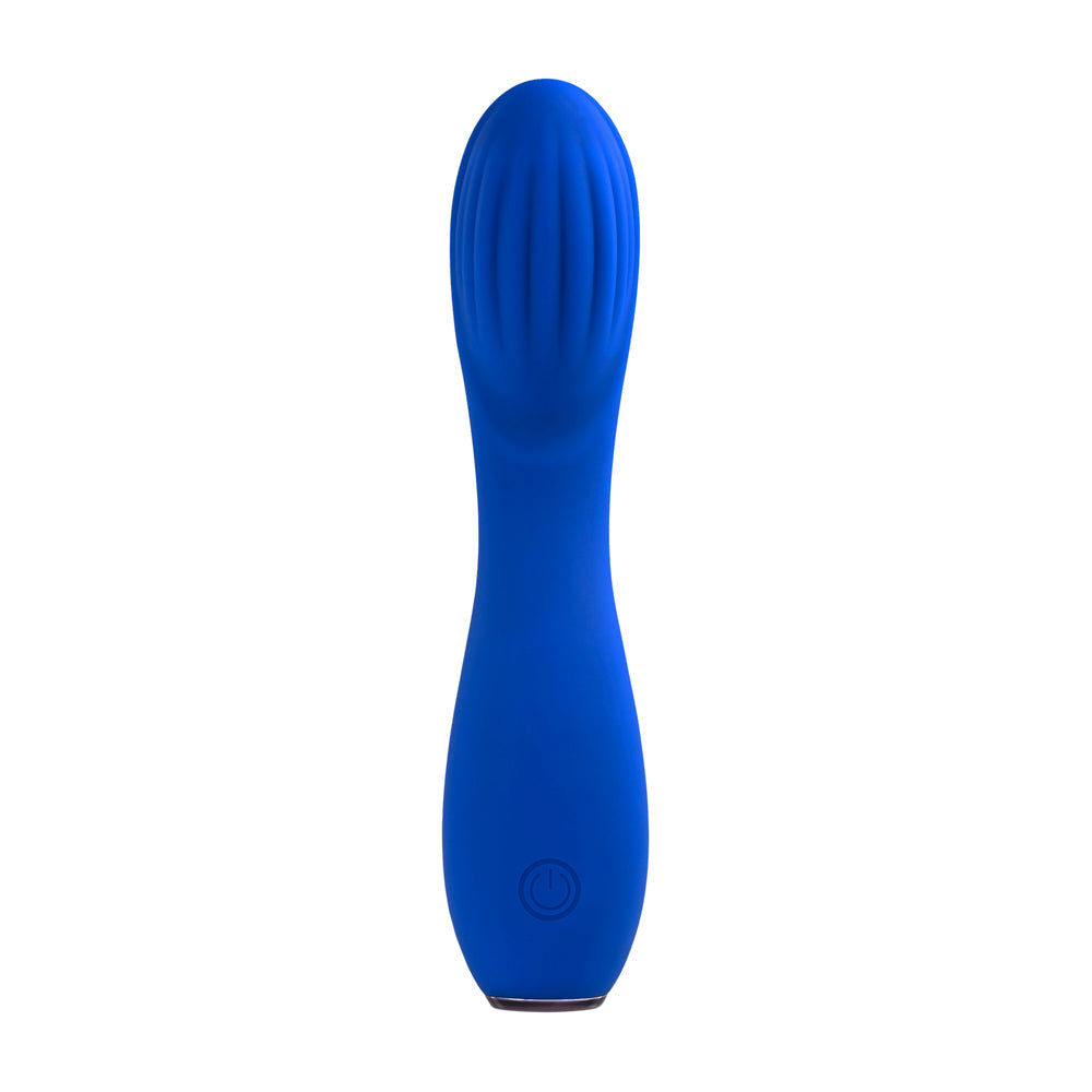 A blue G-spot vibrator with a ribbed head and a power button.