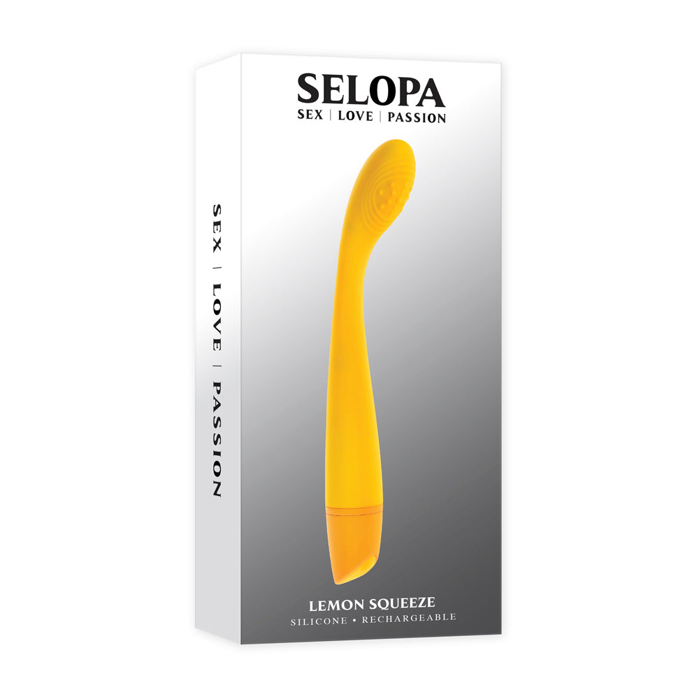 A yellow Selopa Lemon Squeeze vibrator with a curved head.