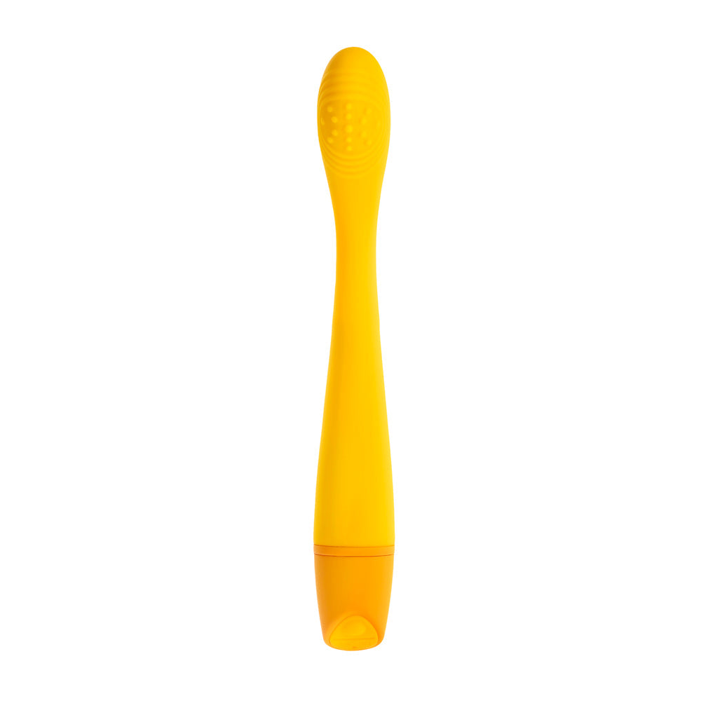 A yellow and orange rechargeable G-spot vibrator with a textured head.