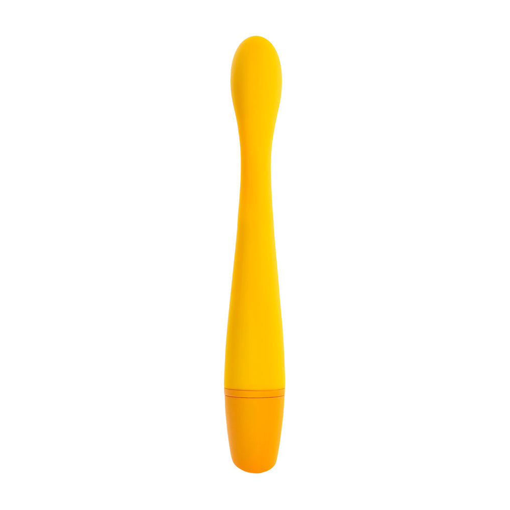 A yellow and orange vibrator with a curved tip.