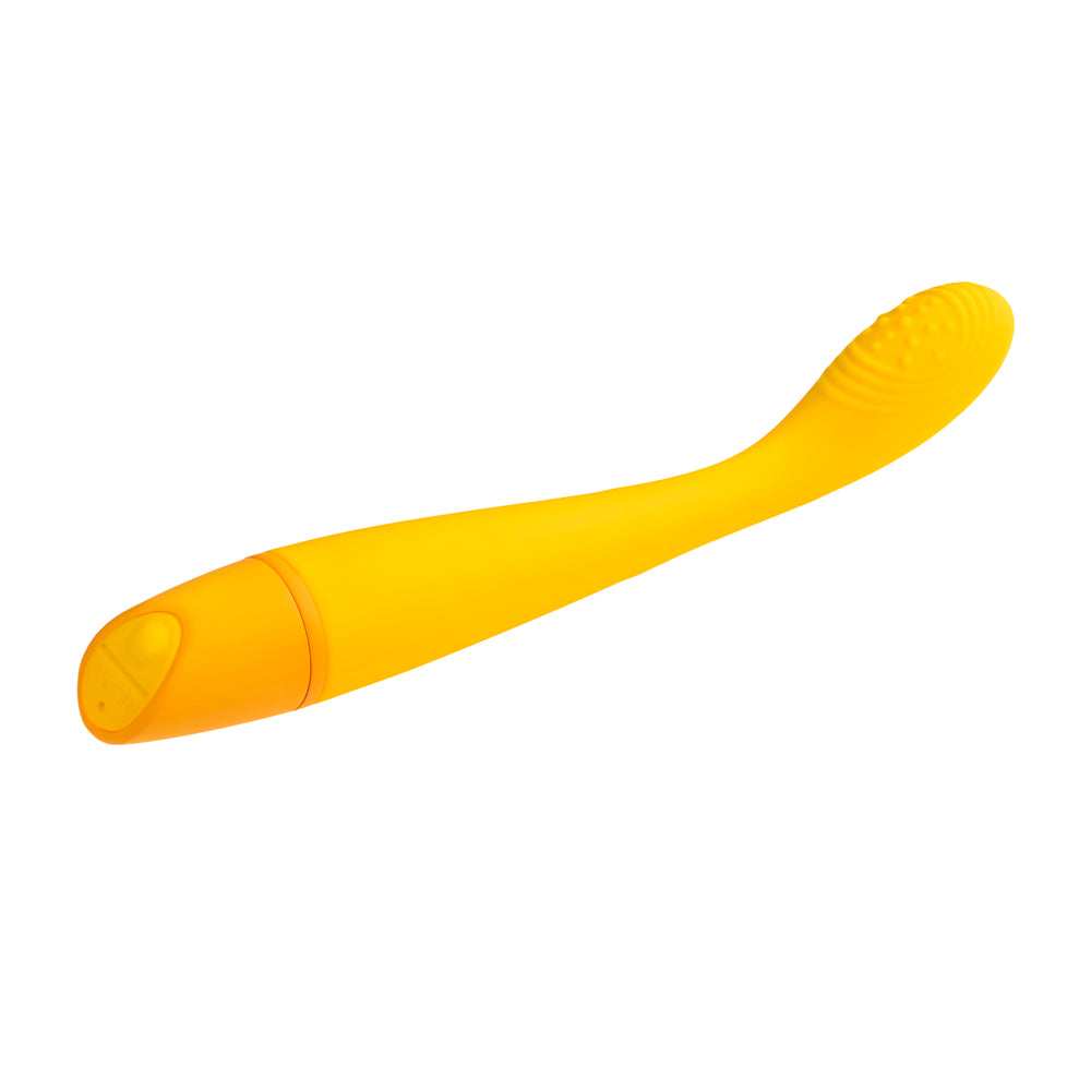 A yellow G-spot vibrator with a textured tip and a button on the base.