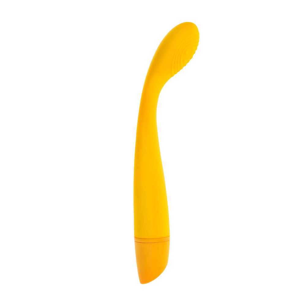 A yellow curved vibrator with a textured head and orange base.
