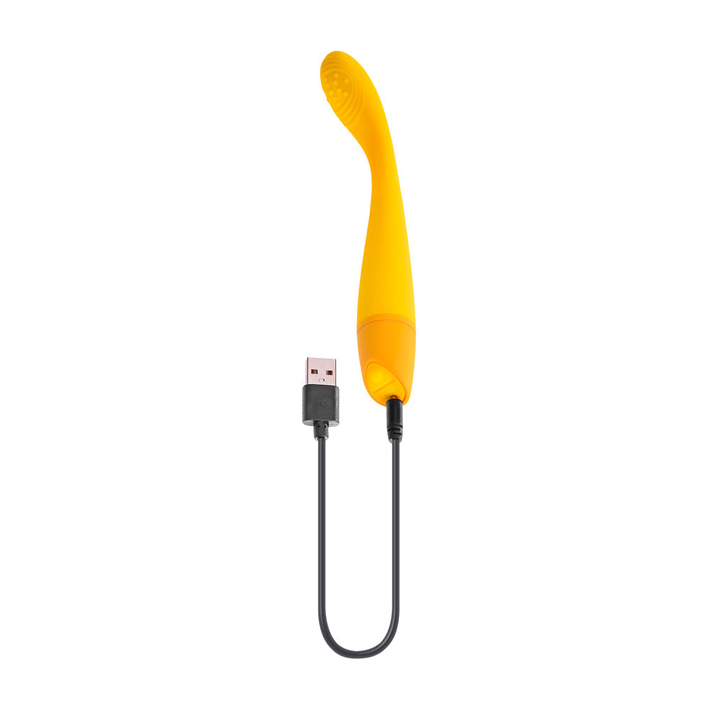 A yellow G-spot vibrator with a USB charging cable.