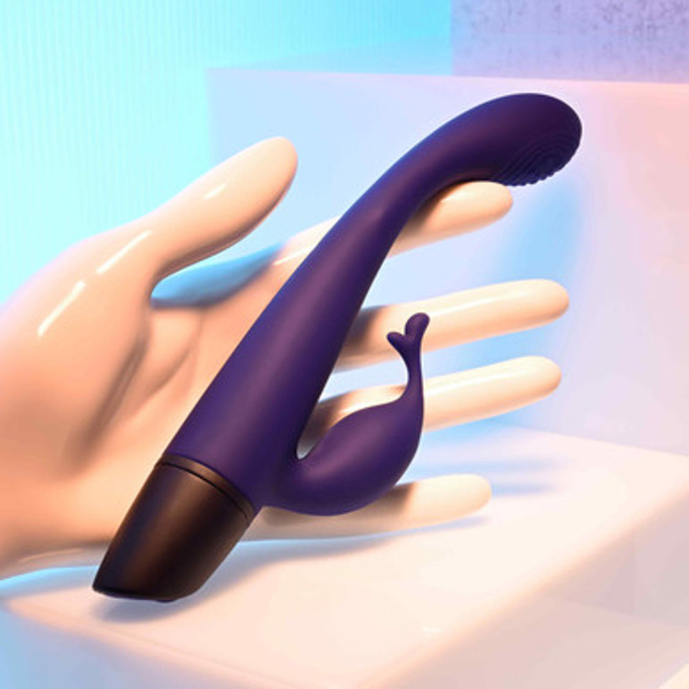 Plum rechargeable G-spot rabbit vibrator with a flexible tickler.
