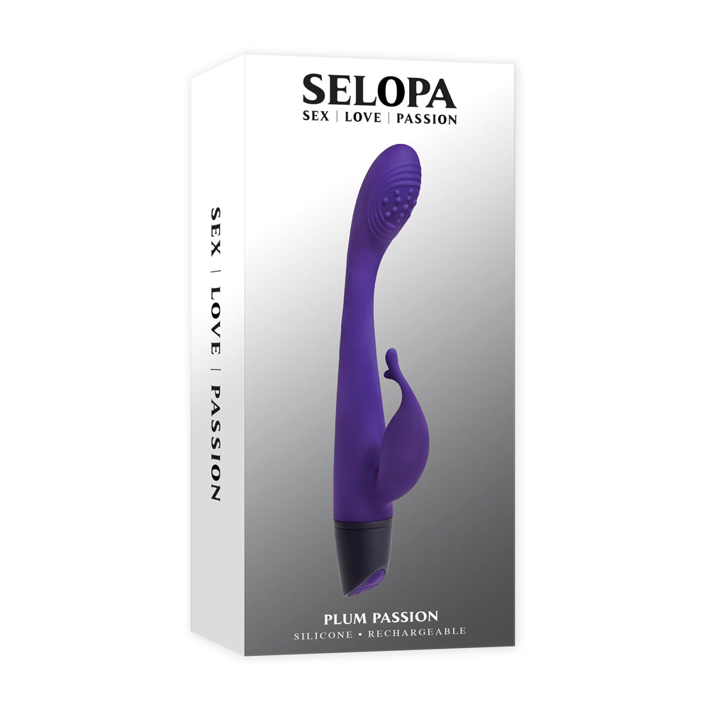 A purple G-spot rabbit vibrator with a textured head and a curved stimulator.