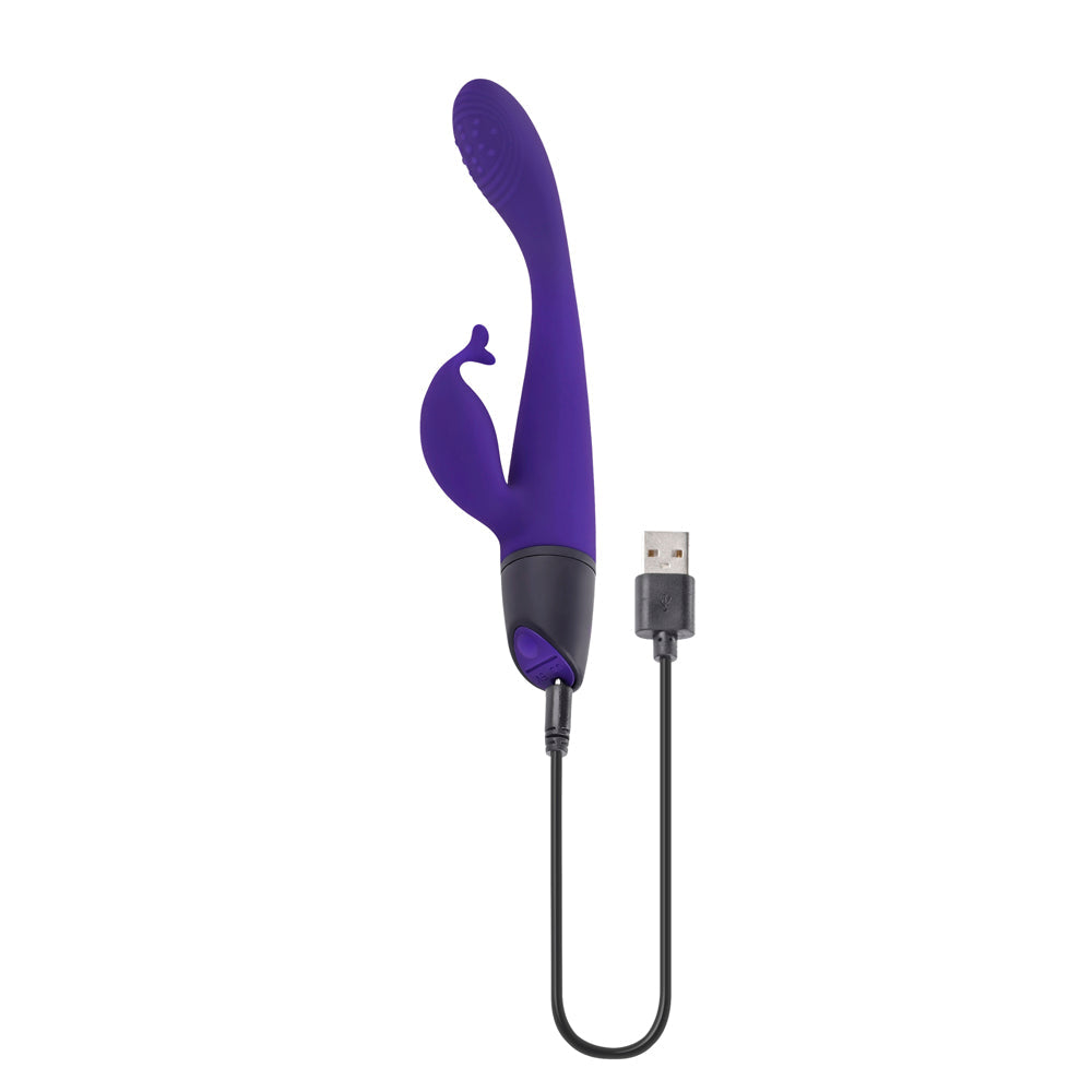 Purple rechargeable G-spot rabbit vibrator with USB cable.