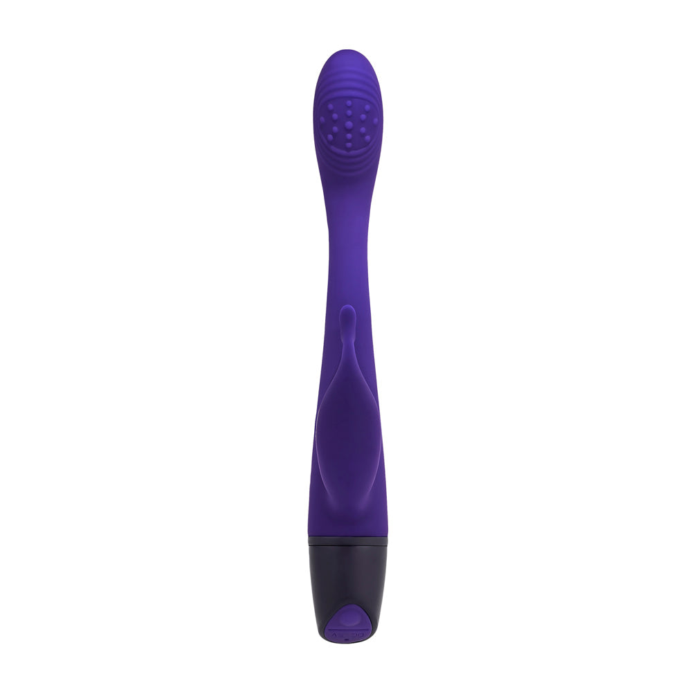 Plum rechargeable G-spot rabbit vibrator with textured tip and flexible stimulator.