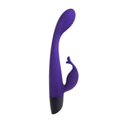 A purple rechargeable G-spot rabbit vibrator with a textured tip and a curved stimulator.