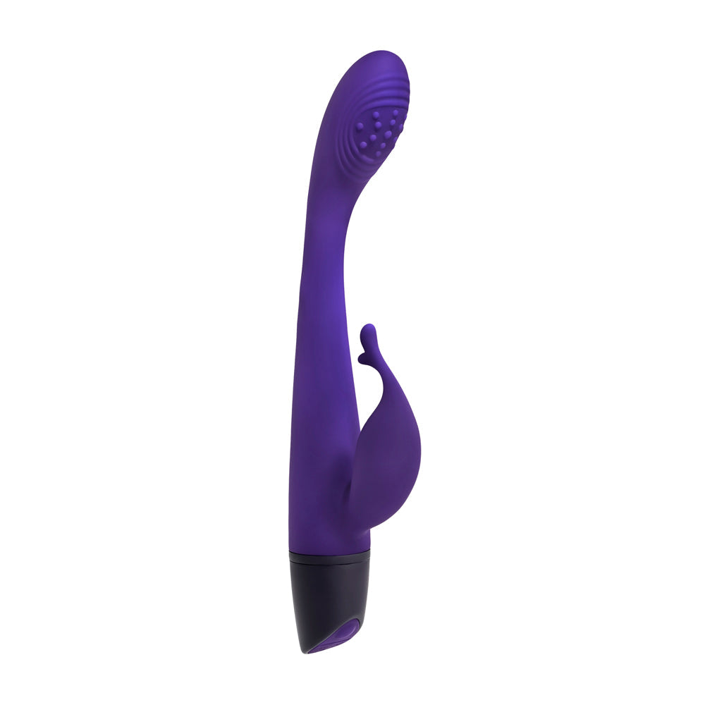 A purple G-spot rabbit vibrator with a textured tip and a curved stimulator.