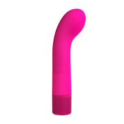 A pink G-spot vibrator with a curved head and a darker pink base.