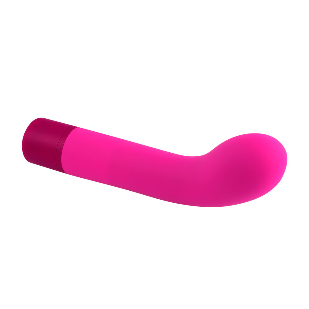 A pink, curved vibrator with a dark pink base.