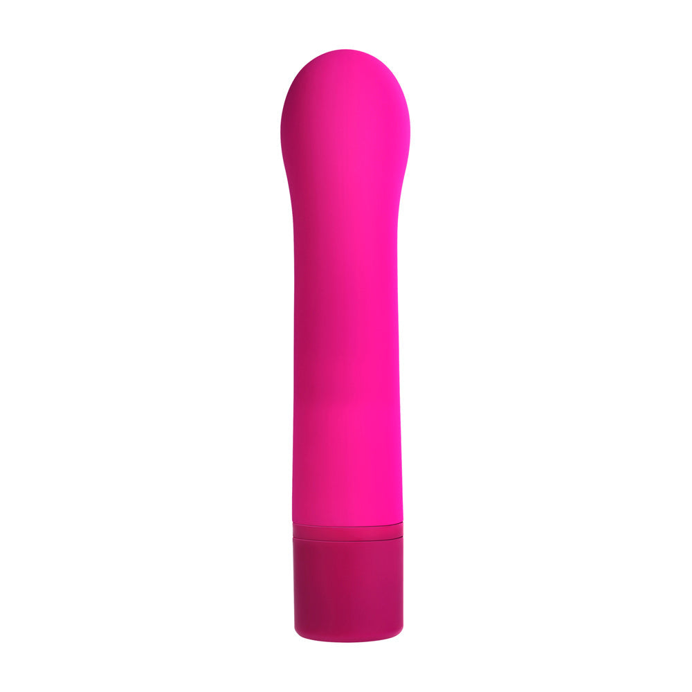 A pink silicone G-spot vibrator with a darker pink base.