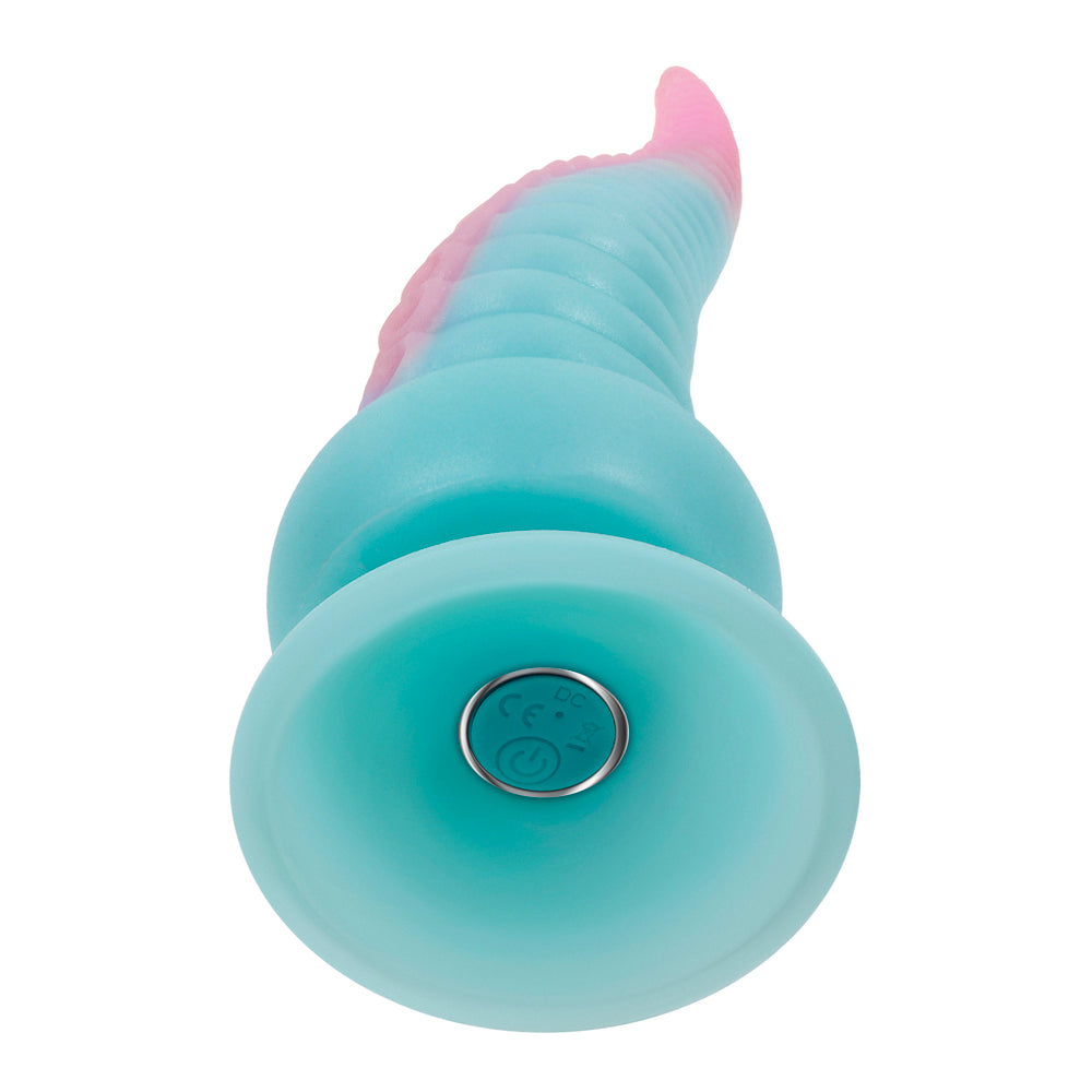 A teal and pink silicone tentacle toy with a suction cup base.