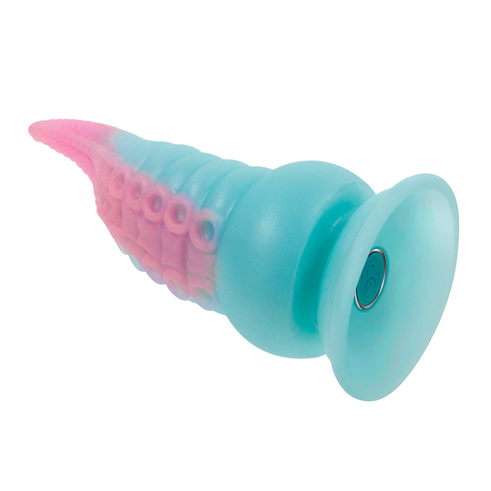 A blue and pink silicone tentacle toy with suction cup base.